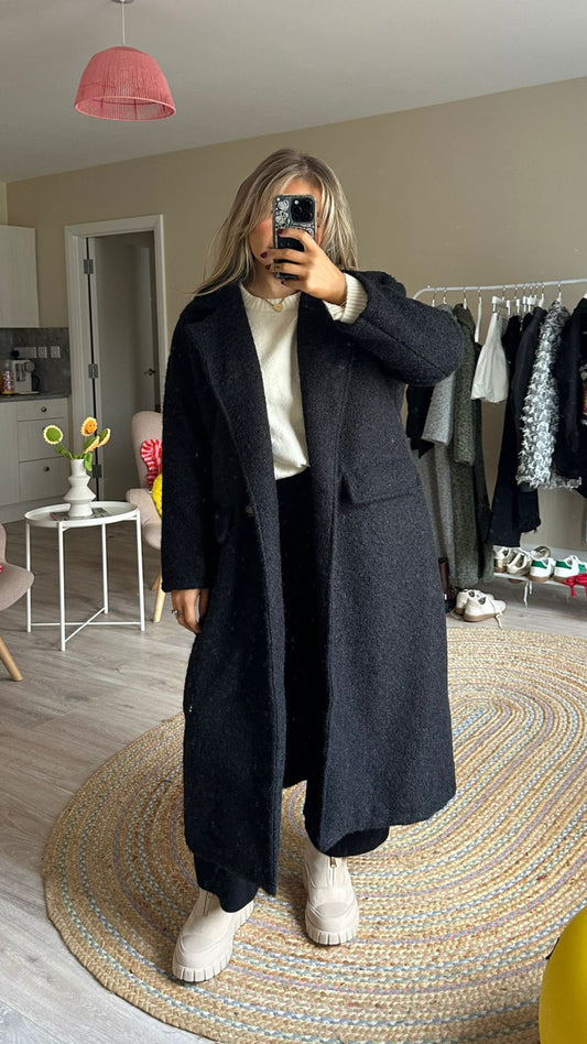 Black Textured Longline Coat