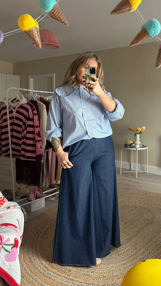 Wide Leg Pull on Jeans w/ Tie Waist