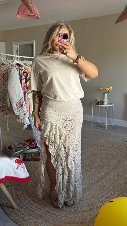Oversized Tee and Lace Skirt Co-Ord -Beige