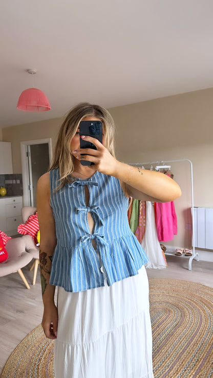 Denim Pinstripe Tie Top