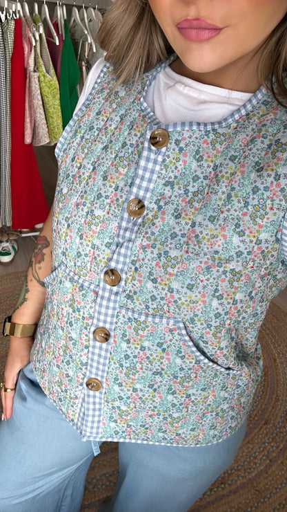 Floral Gilet with Gingham Trim - Blue