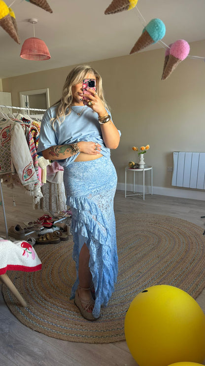 Oversized Tee and Lace Skirt Co-Ord - Blue