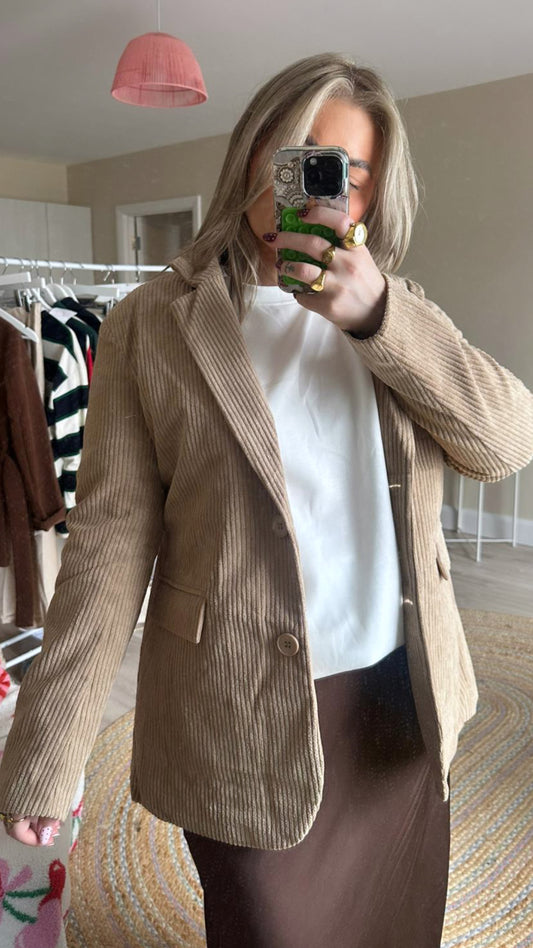 Cord Effect Tie Waist Blazer - Caramel