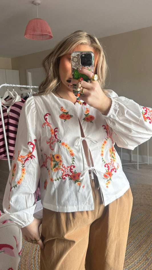 Embroidered Tie Front Blouse