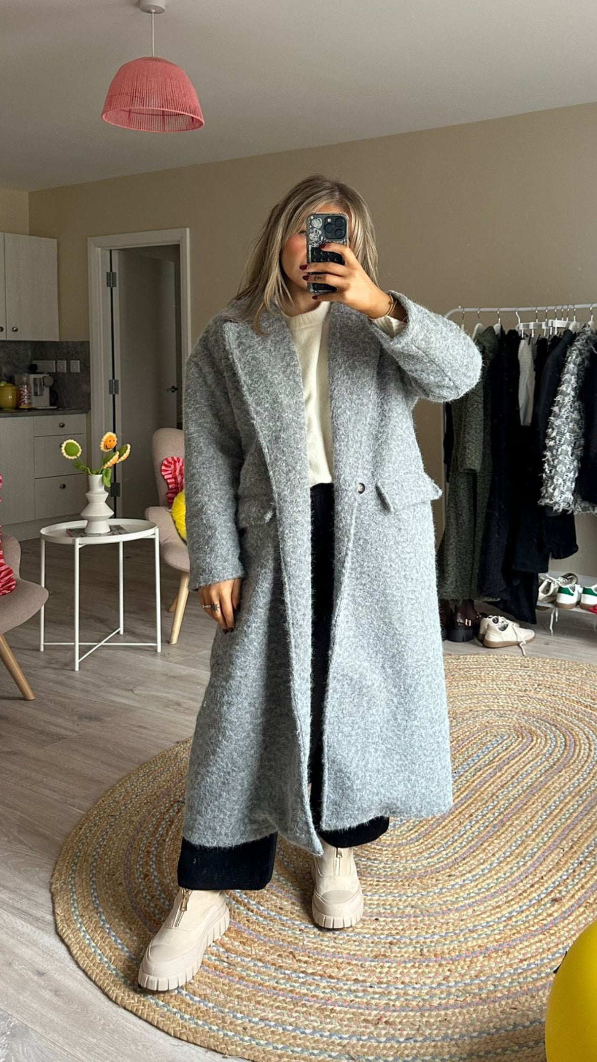 Grey Textured Longline Coat