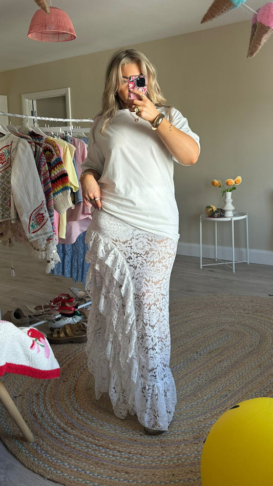 Oversized Tee and Lace Skirt Co-Ord - White