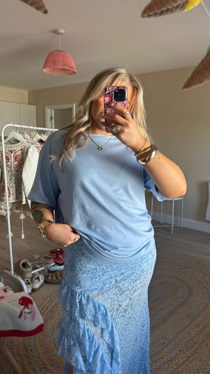 Oversized Tee and Lace Skirt Co-Ord - Blue