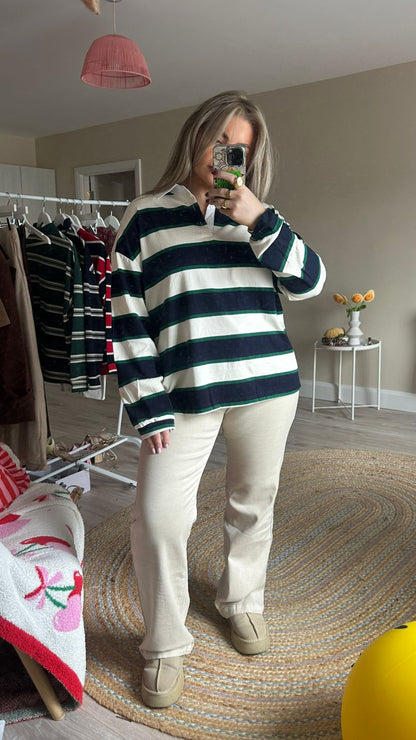 Navy Stripe Rugby Long Sleeve Top w/ Shirt Collar