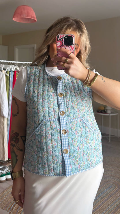 Floral Gilet with Gingham Trim - Blue