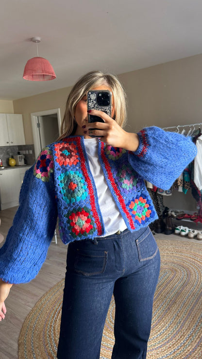 Cropped Crochet Cardigan in Blue