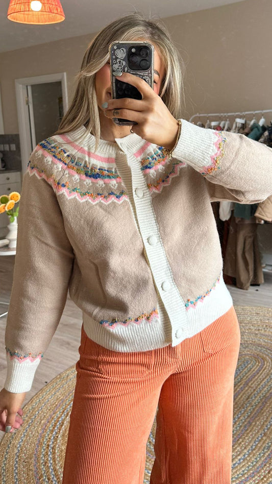 Fairisle Cardigan in Pink Beige