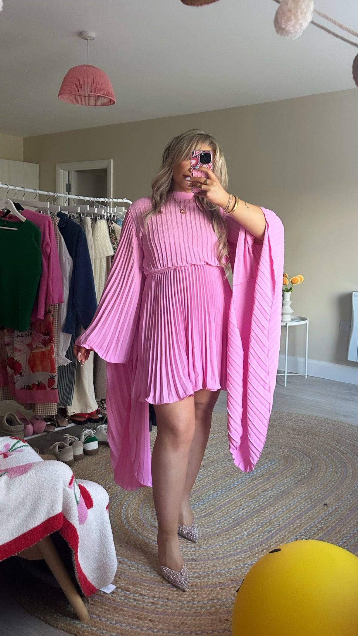 Pleated Wing Sleeve Dress - Pink