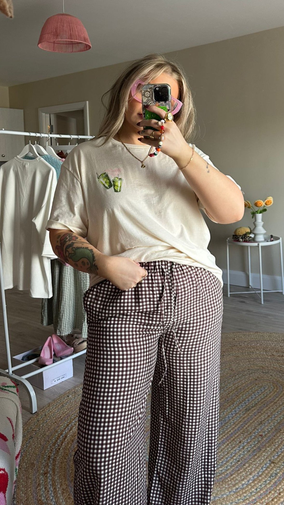 Gingham Pull On Trousers - Brown