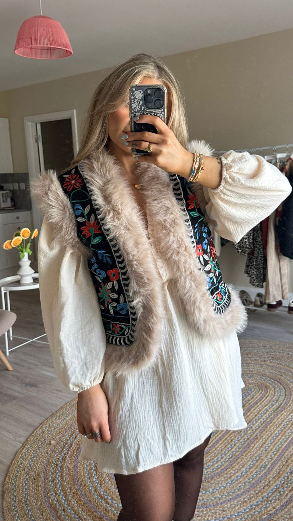 Fur Trim Embroidered Gilet