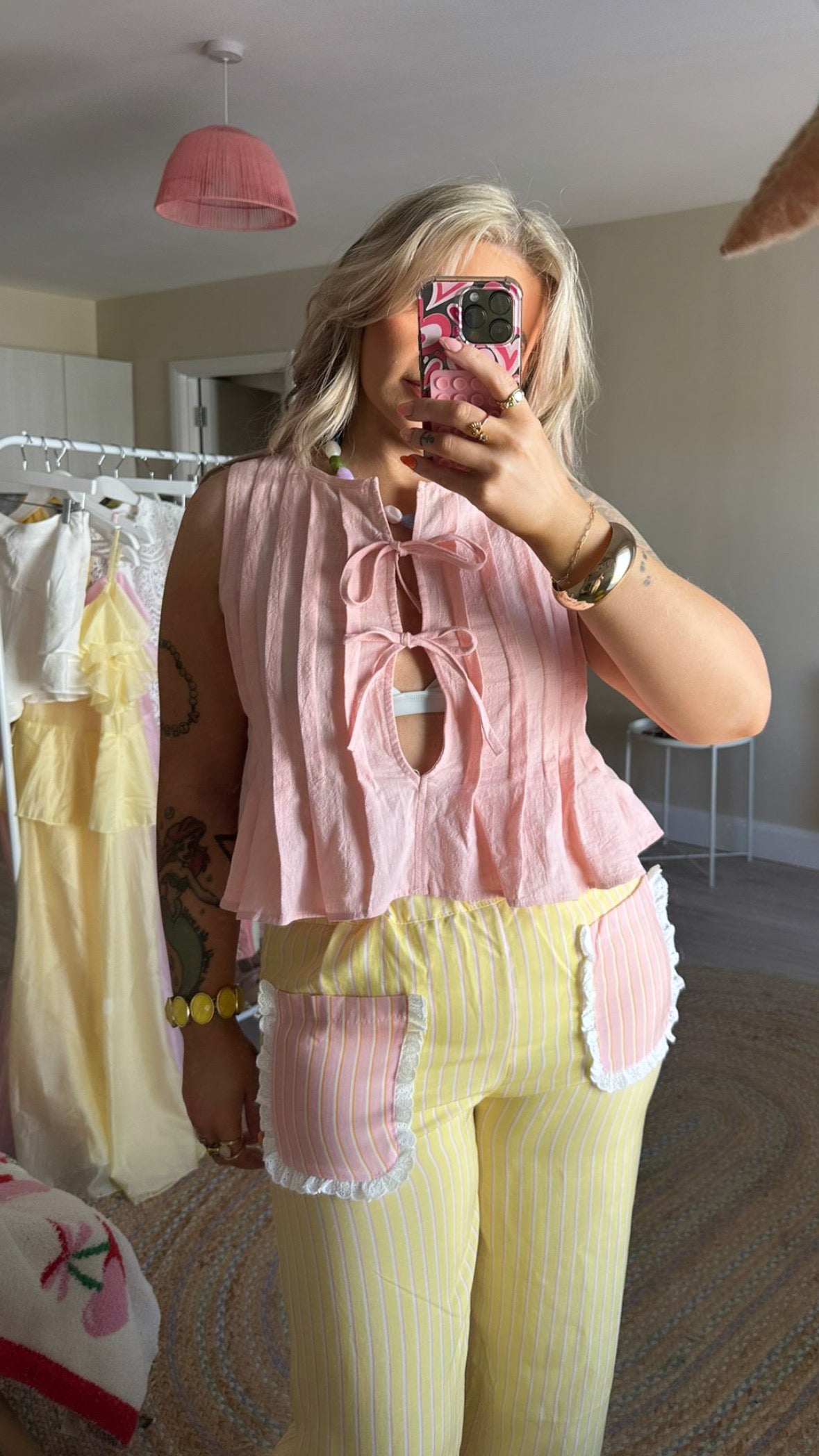 Frill Pocket Stripe Trousers - Yellow