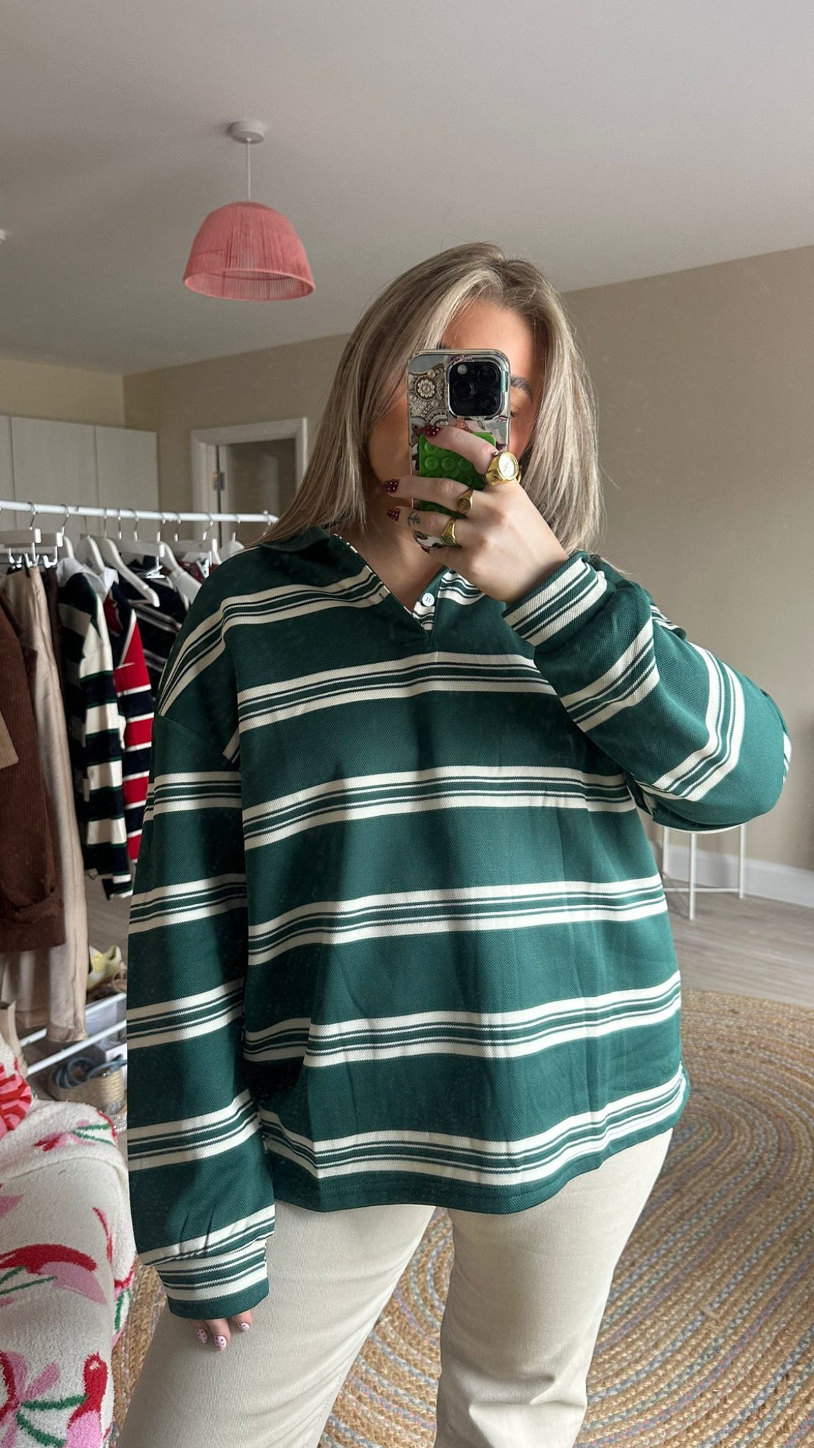Green Stripe Rugby Long Sleeve Top