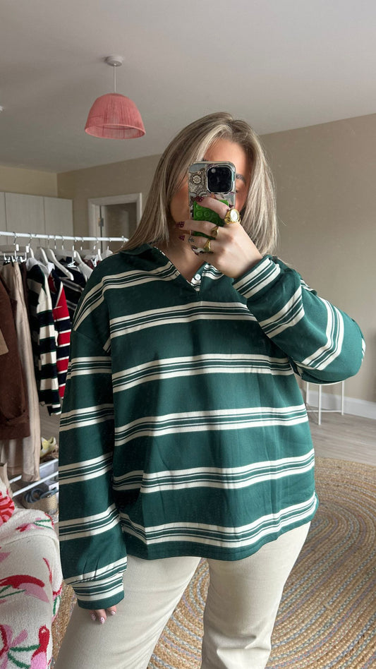 Green Stripe Rugby Long Sleeve Top