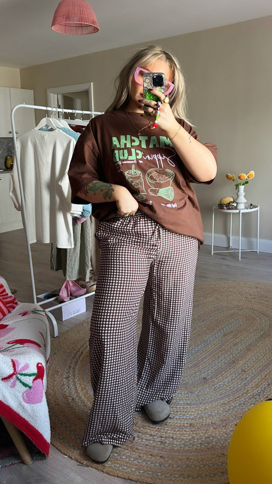 Gingham Pull On Trousers - Brown