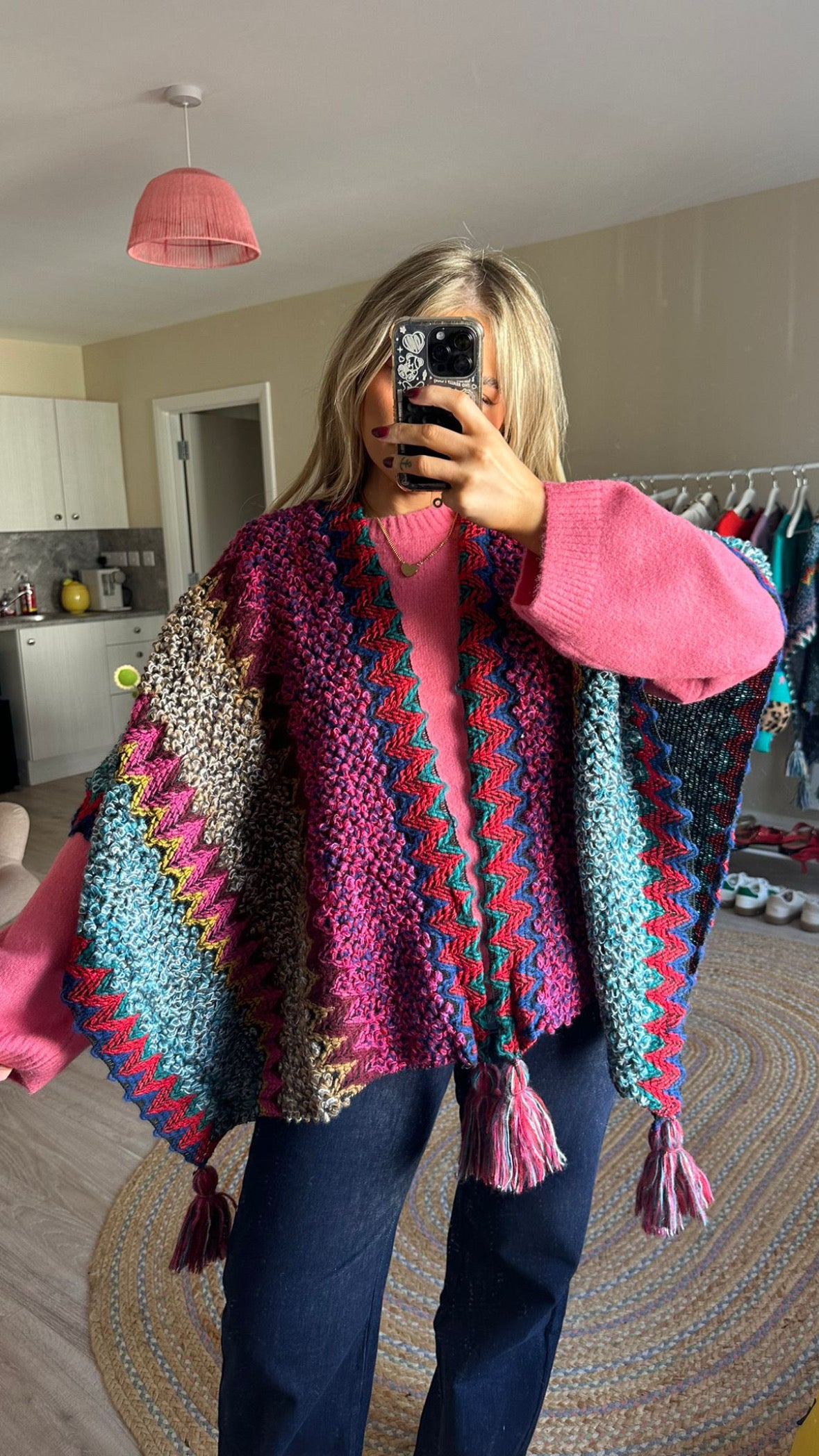 Tassel Wrap-around Poncho In Pink