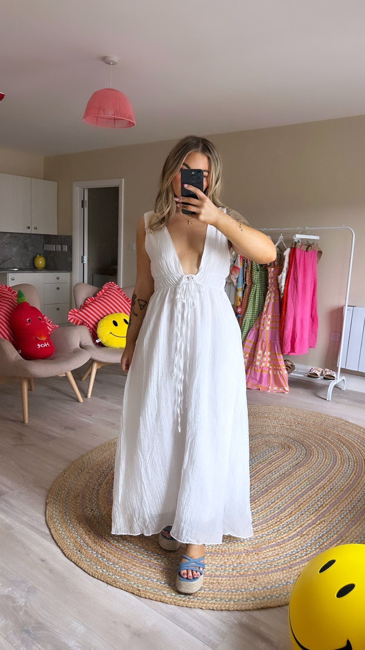 White Lightweight Plunge Neck Maxi Dress