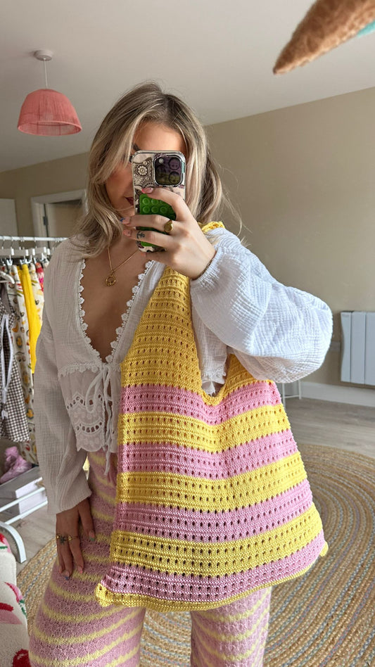 Knitted Tote Bag - Pink/Yellow