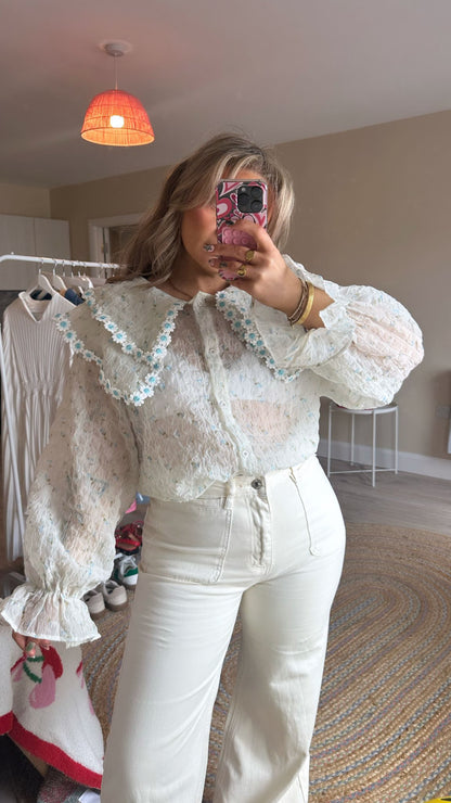 Daisy Wide Collar Chiffon Blouse - Blue