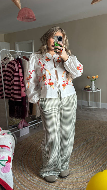 Embroidered Tie Front Blouse