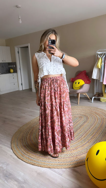 Pink Paisley Print Maxi Skirt