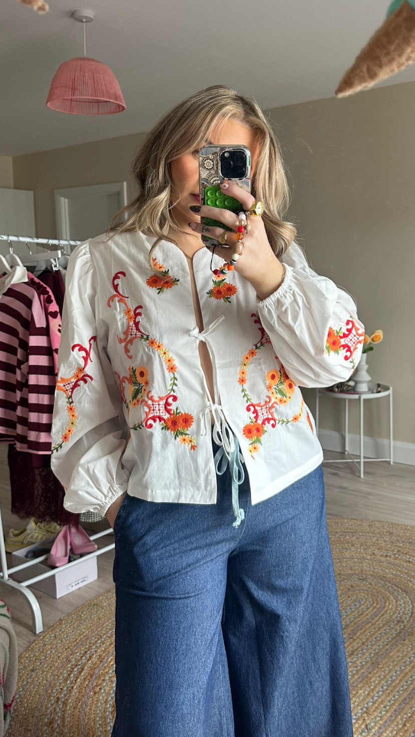 Embroidered Tie Front Blouse