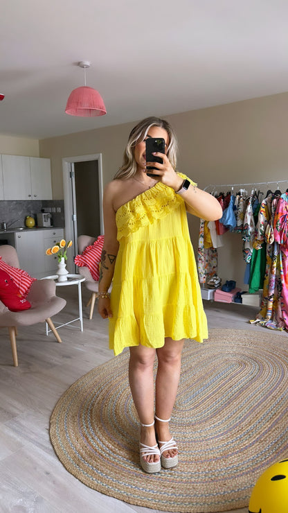 Yellow Cheesecloth One Shoulder Mini Dress