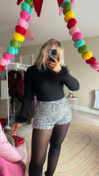 Silver Sequin Mini Shorts