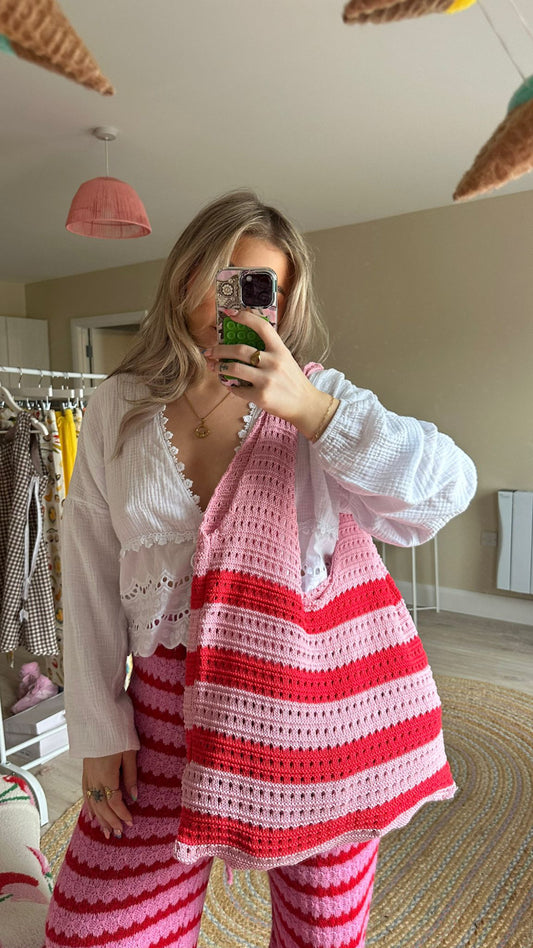 Knitted Tote Bag - Pink/Red