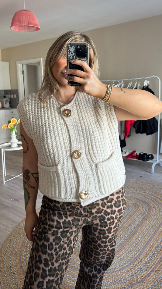 Bashed Gold Statement Button Sweater - Cream