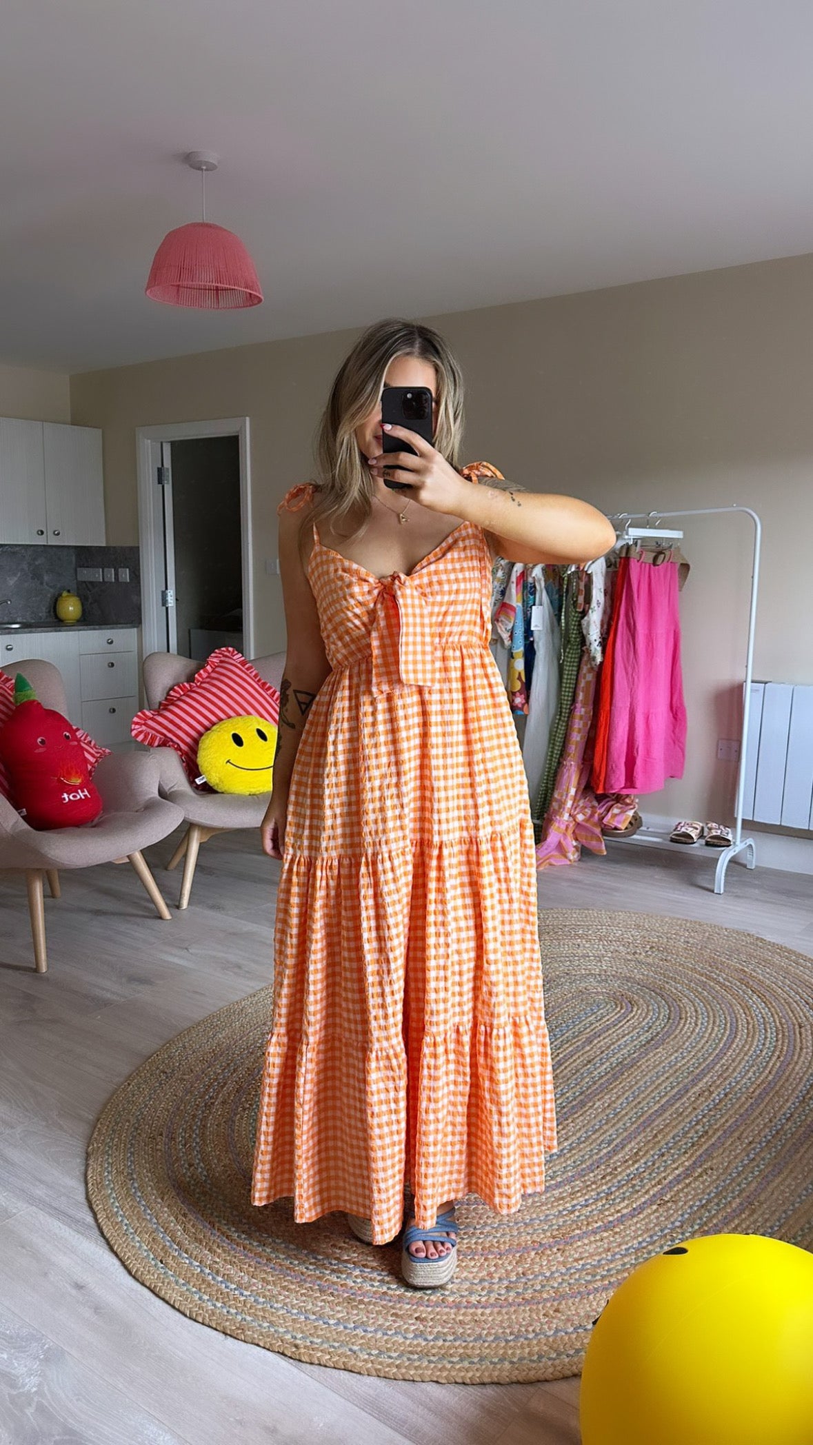 Orange Gingham Tie Front Maxi Dress