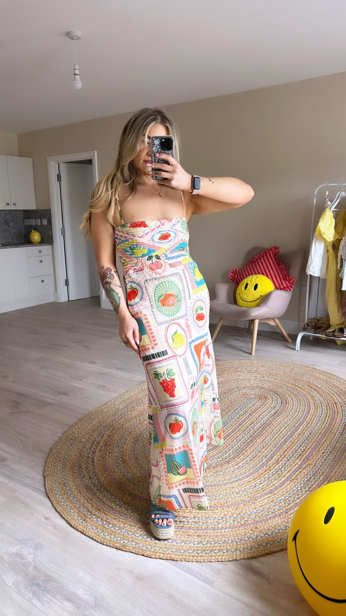 Fruit Print Square Neck Midi Dress