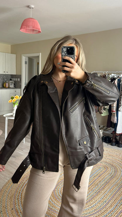 Oversize Chocolate Brown Leather Jacket