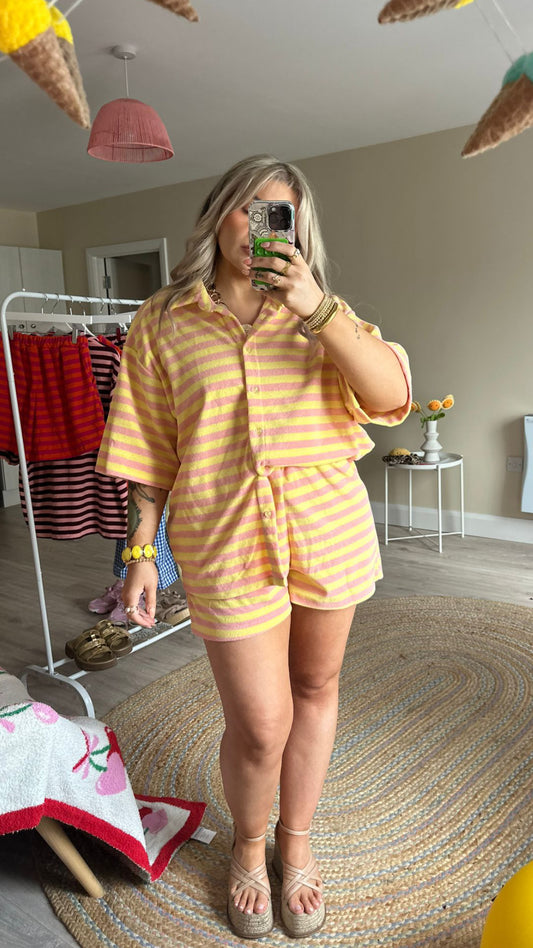 Towelling Stripe Co-Ord - Yellow/Pink