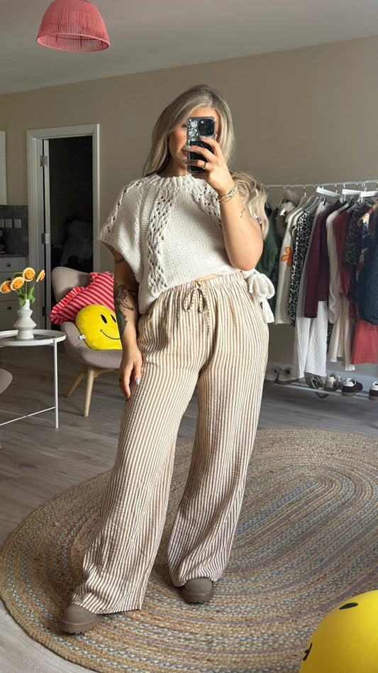 Stripe Elasticated Waist Trousers In Tan