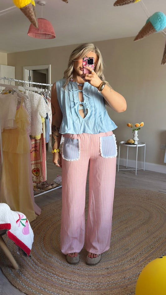 Frill Pocket Stripe Trousers - Pink