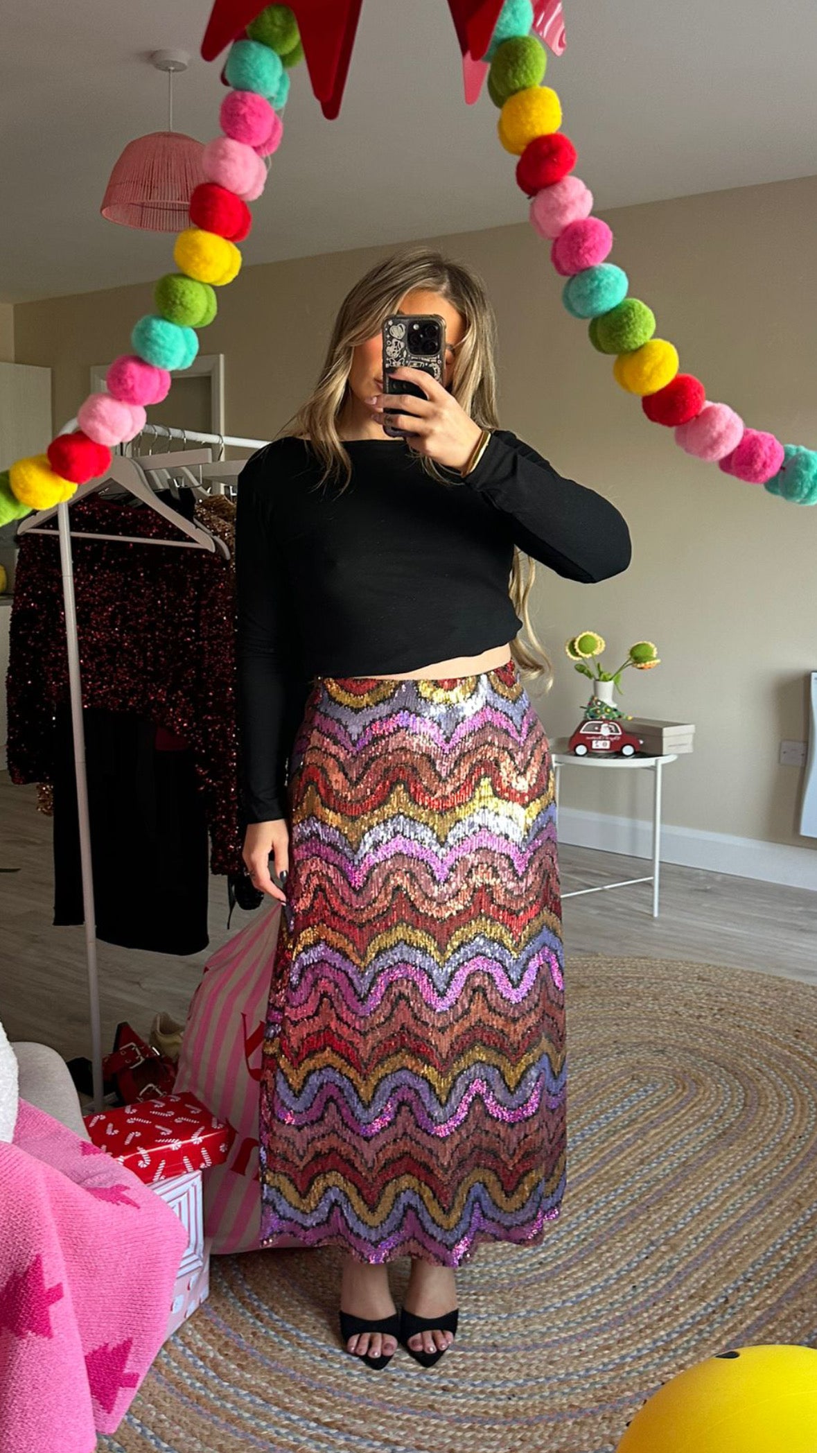 Multi Colour Chevron Sequin Midi Skirt