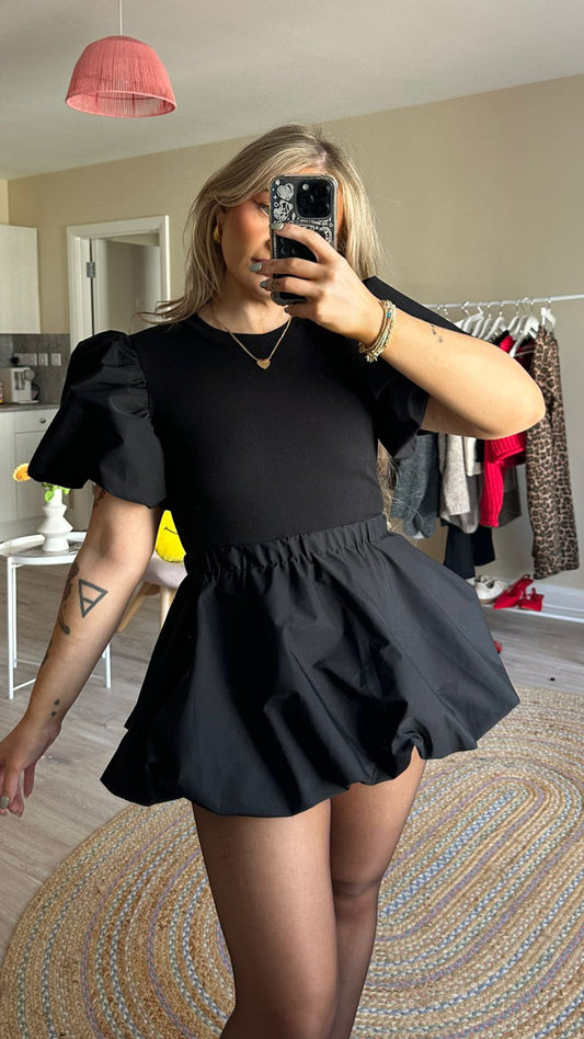 Black Puff Ball Mini Dress