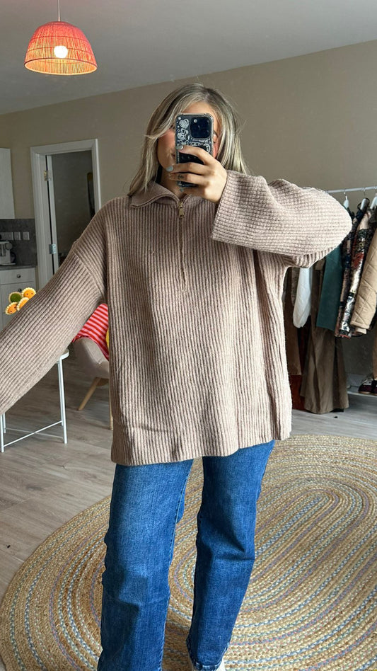 Half Zip Oversized Jumper In Beige