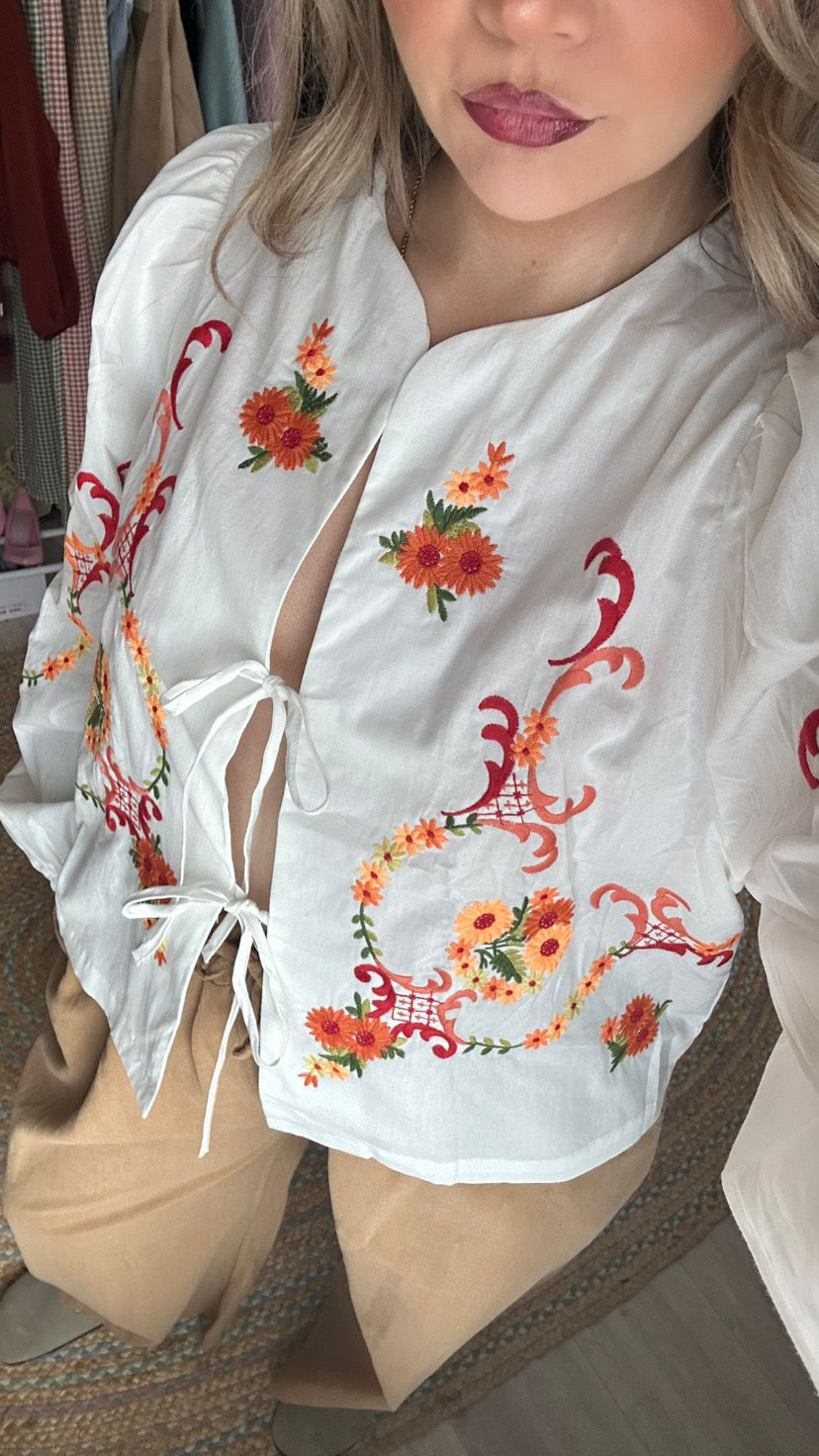Embroidered Tie Front Blouse