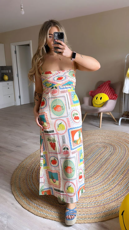 Fruit Print Square Neck Midi Dress