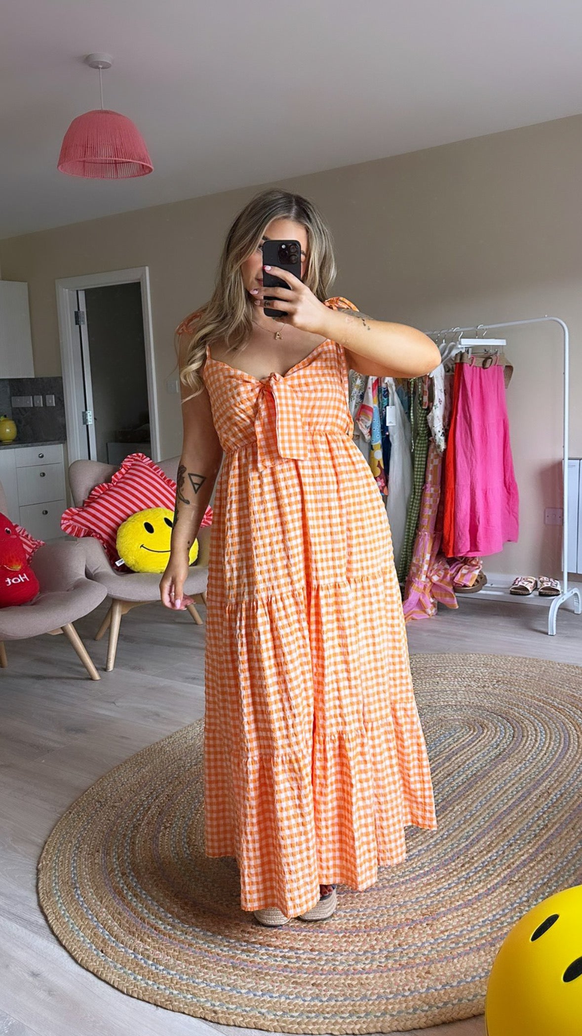 Orange Gingham Tie Front Maxi Dress