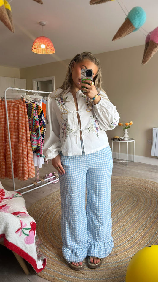 Frill Cuff Gingham Trousers - Blue