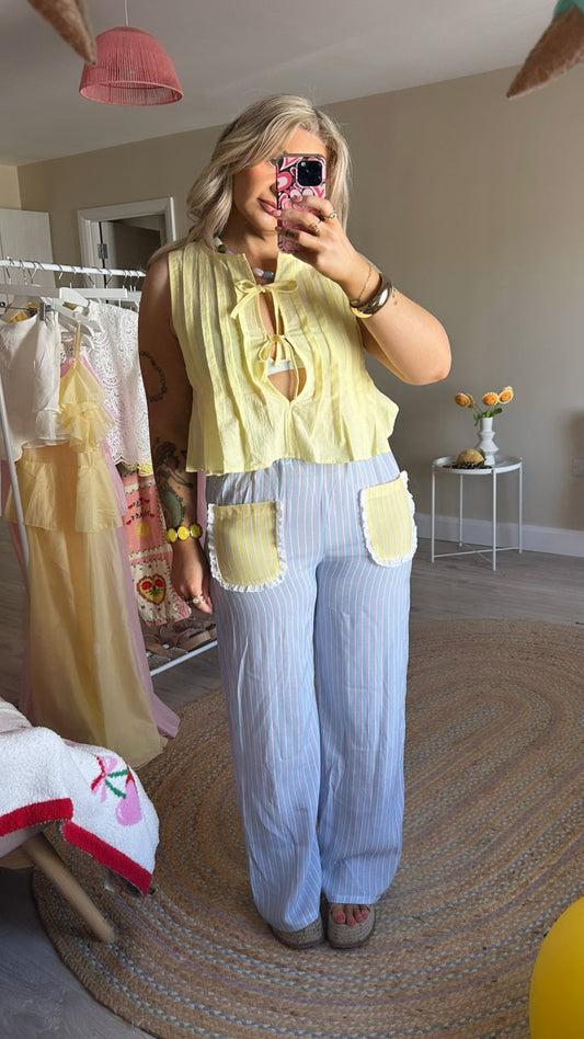 Frill Pocket Stripe Trousers - Blue
