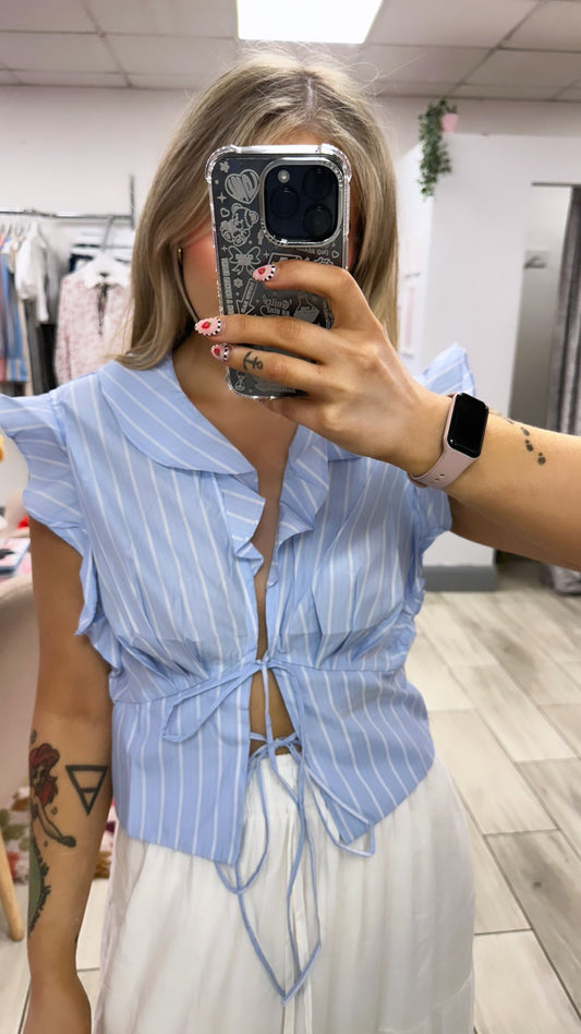 Tie Front Stripe Frill Blouse
