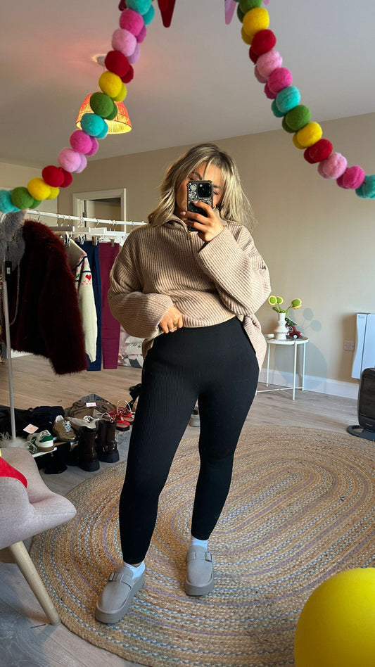 High Waist Ribbed Gym Leggings - Black