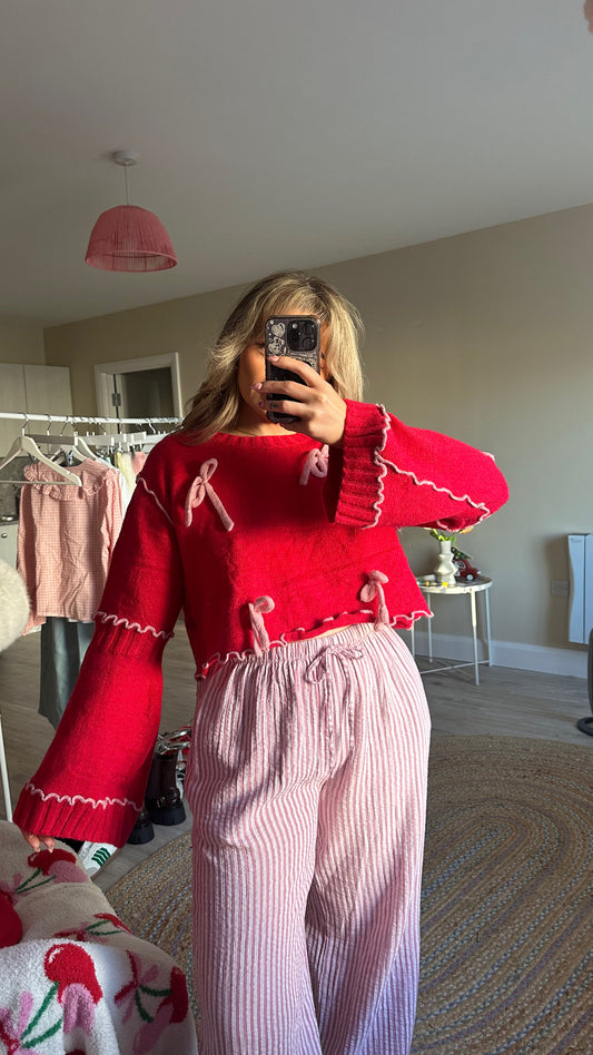 Red And Pink Cropped Bow Jumper